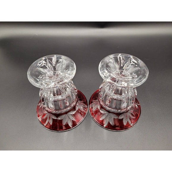 Cristal D'arques France Cut To Clear Candlesticks Ruby Red Crystal 2 Set - Picture 7 of 10